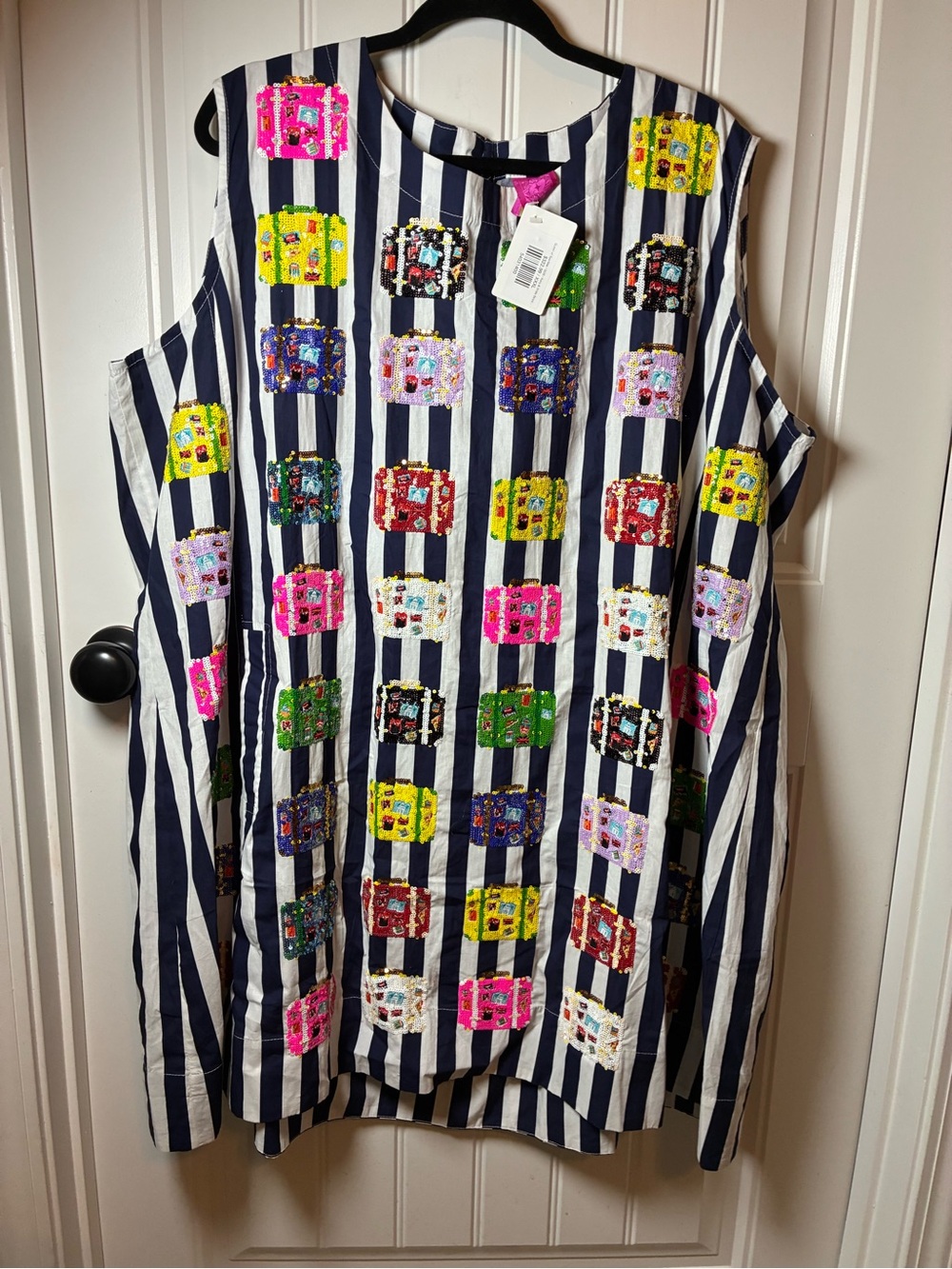 QUEEN OF SPARKLES Navy & White Striped Midi Dress with Multicolor Sequin Squares